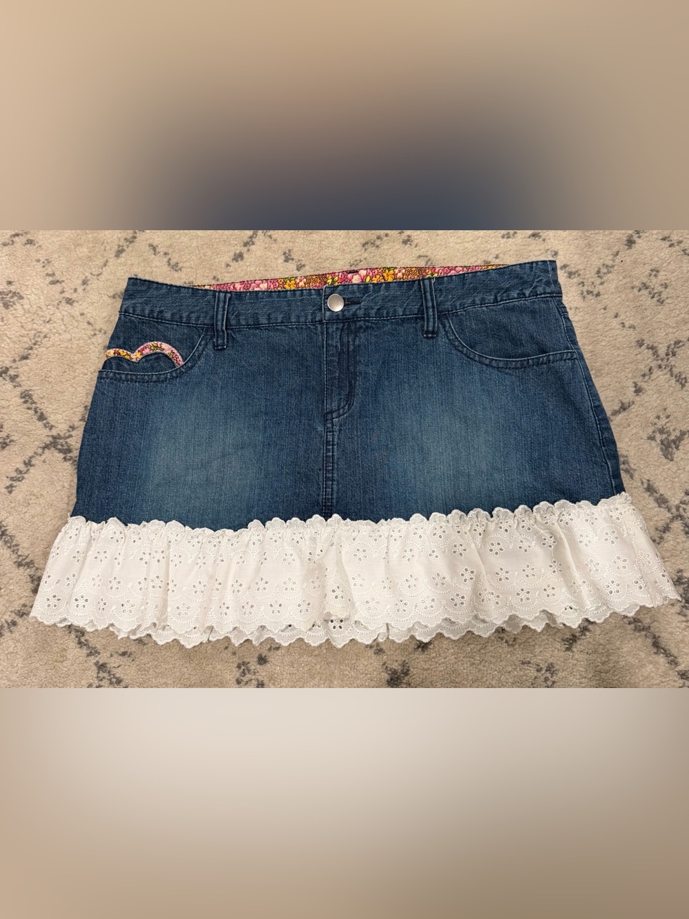 Victoria's Secret Y2K Blue Denim Mini Skirt with White Eyelet Ruffle - Picture 4 of 10